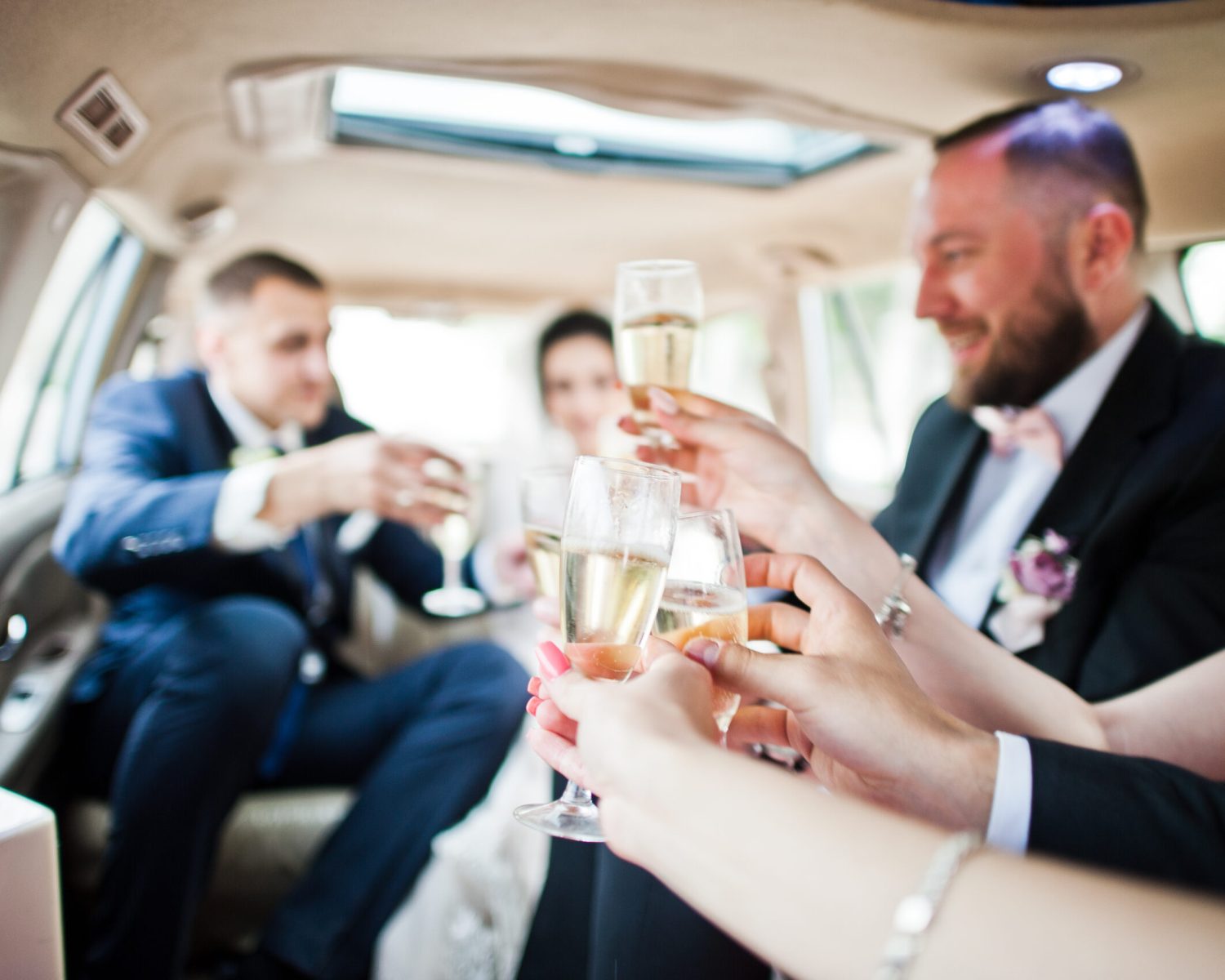 Groomsmen,With,Bridesmaids,And,Wedding,Couple,Drinking,Champagne,In,The